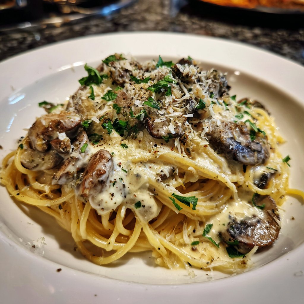 Spaghetti mit Pilzen und Petersilie